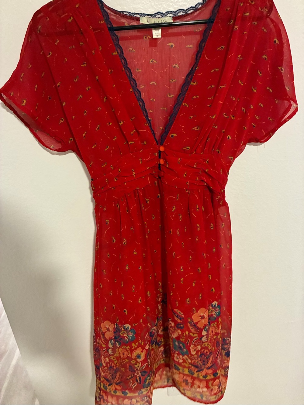 Kimchi Blue Red Floral Trim V-Neck Chemise